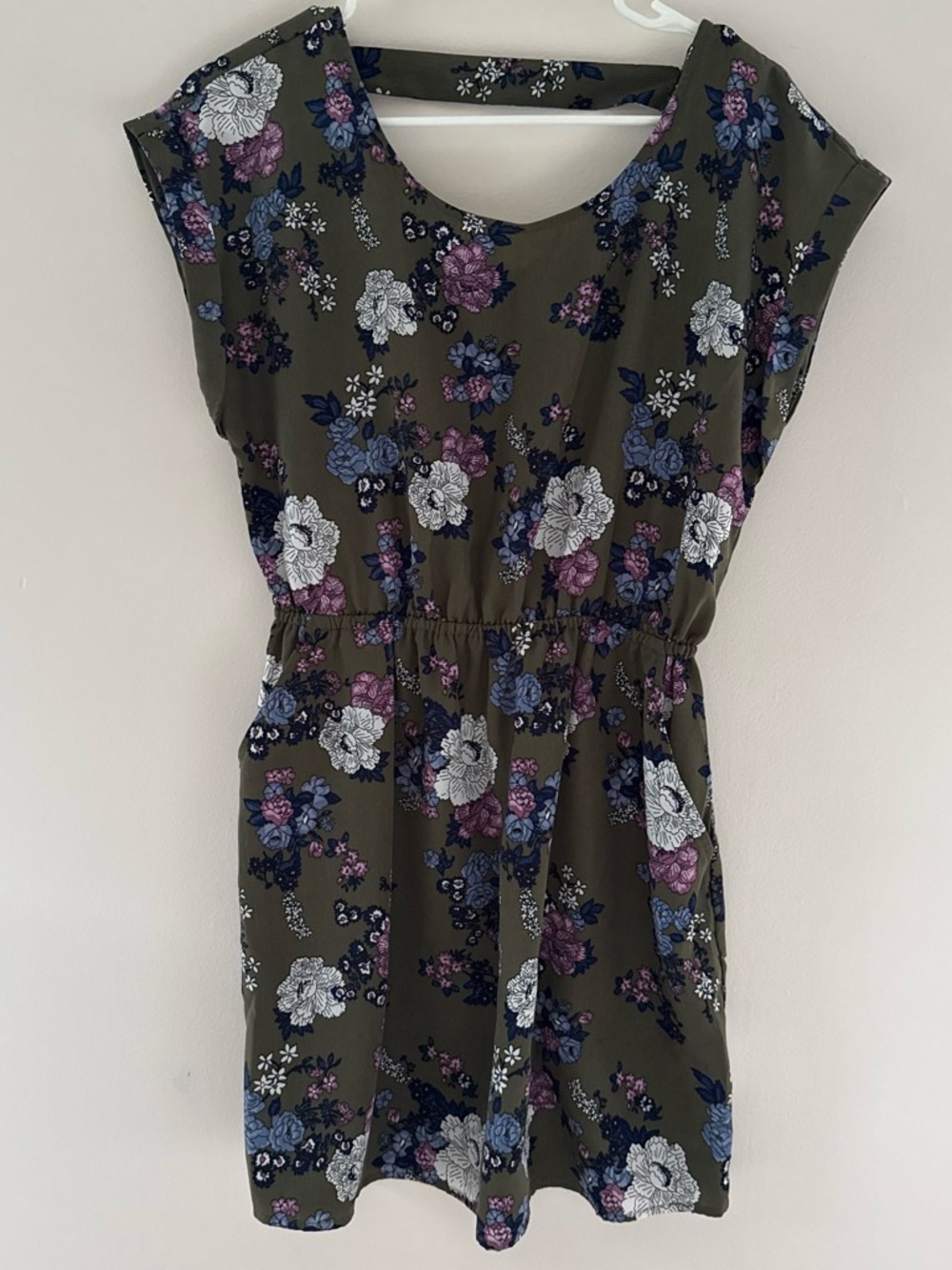 Hippie Rose Olive Floral Dress with Purple, Blue & White Accents